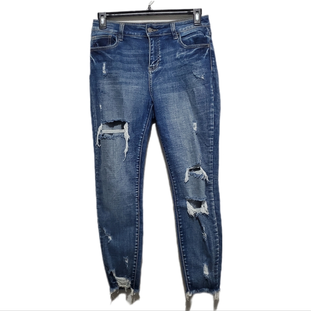 Cello Women's Dark Wash High Rise Distressed Ankle Jeans Size 9